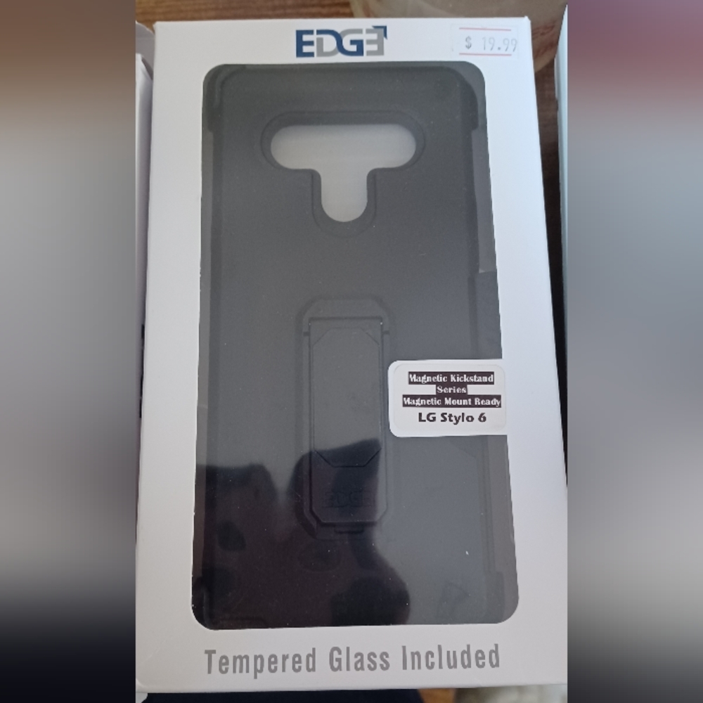 Edge LG Stylo 6 black case w/ magnetic stand and tempered glass